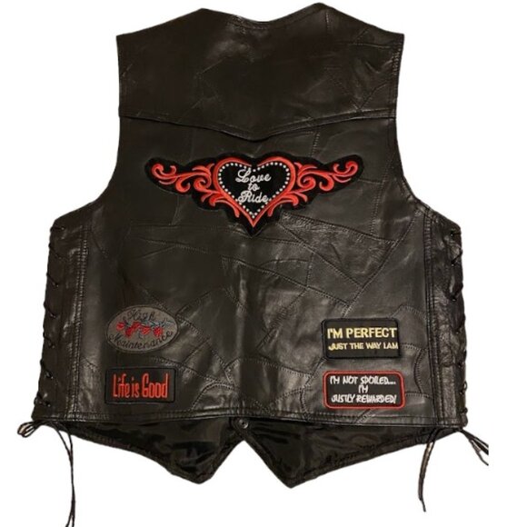 Diamond Plate Women's Leather Biker Vest Moto Classic Black Rare Patches Size M - Picture 2 of 16